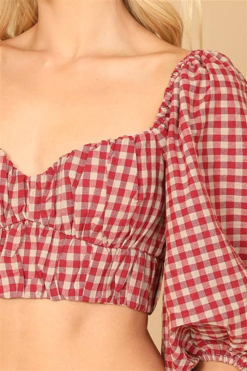Puff Sleeve Plaid Crop Top – Red Taupe