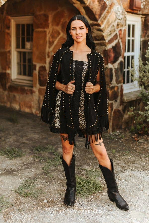 Studded black suede western poncho