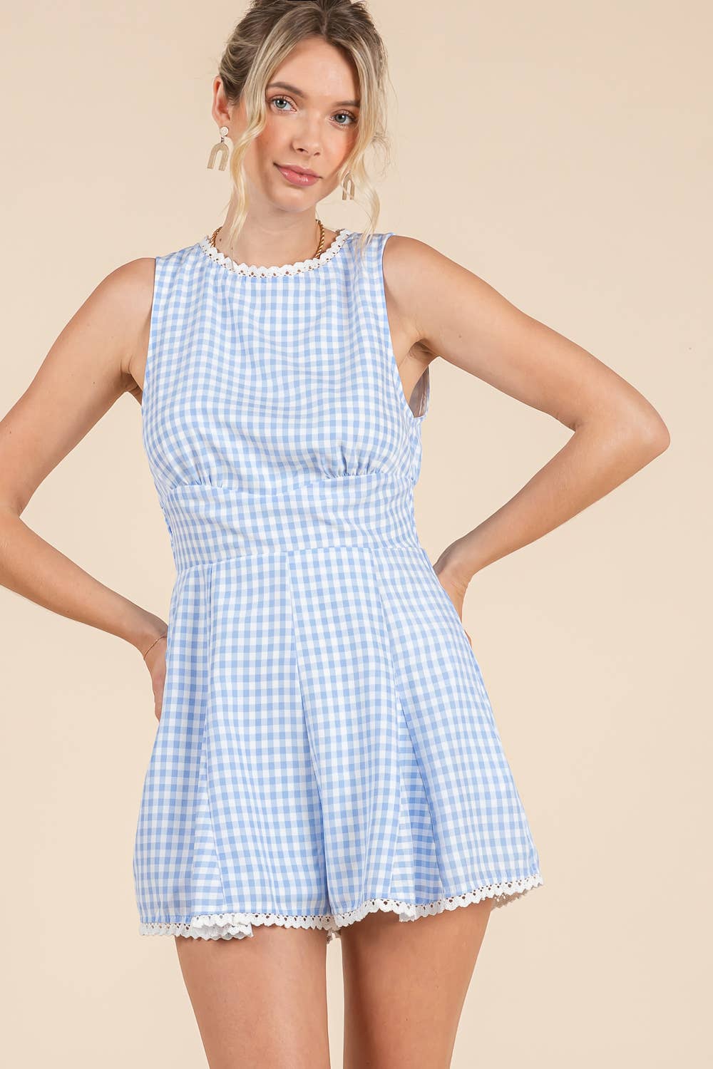 Blue Gingham Lace Romper