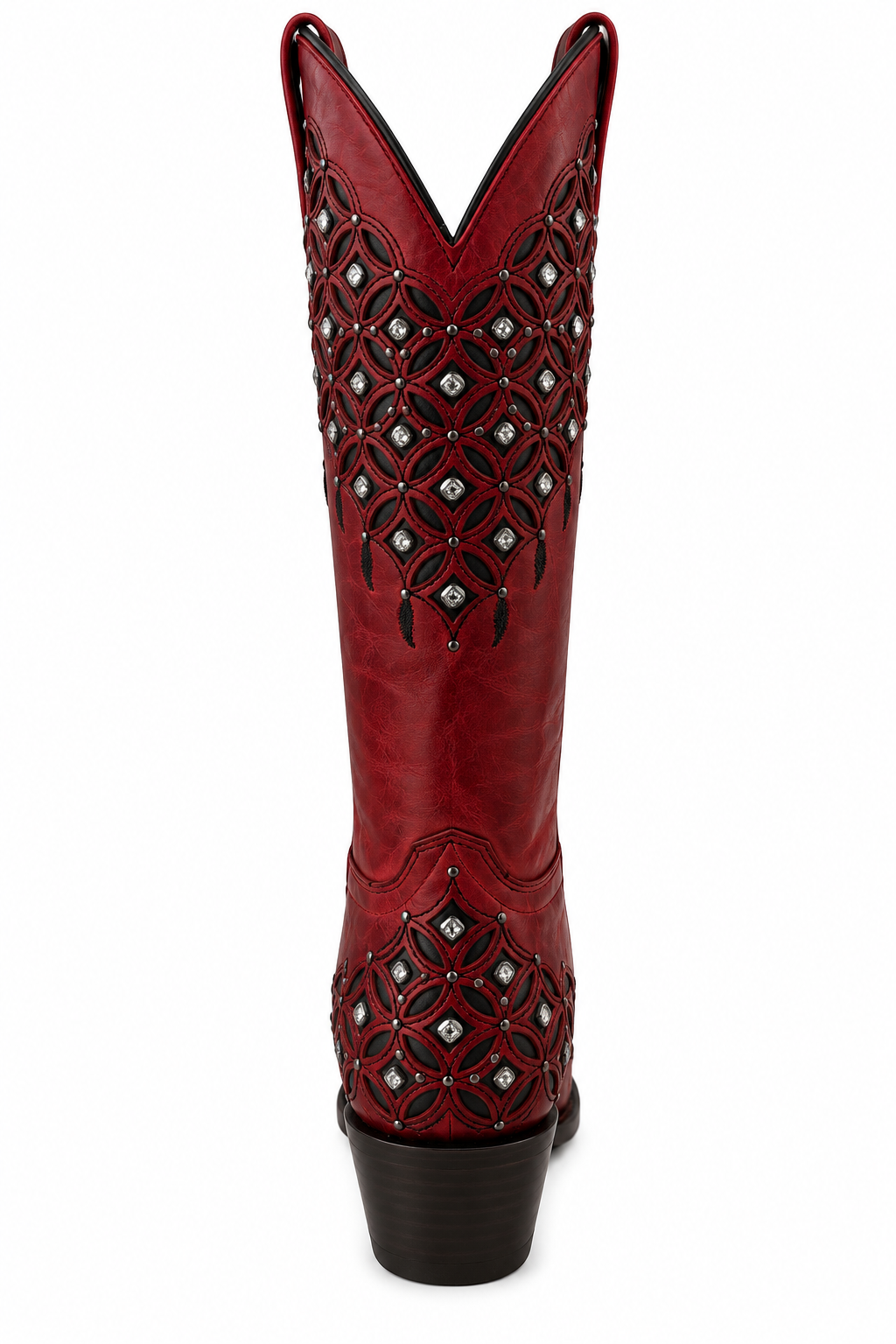 Women's Red Leather Snip Toe Cowboy Boots – Crystal & Studded Inlay Western Boot