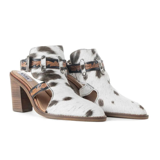 Women’s Hair On Cowhide Western Mule Heels Hand Tooled Strap Statement Heel