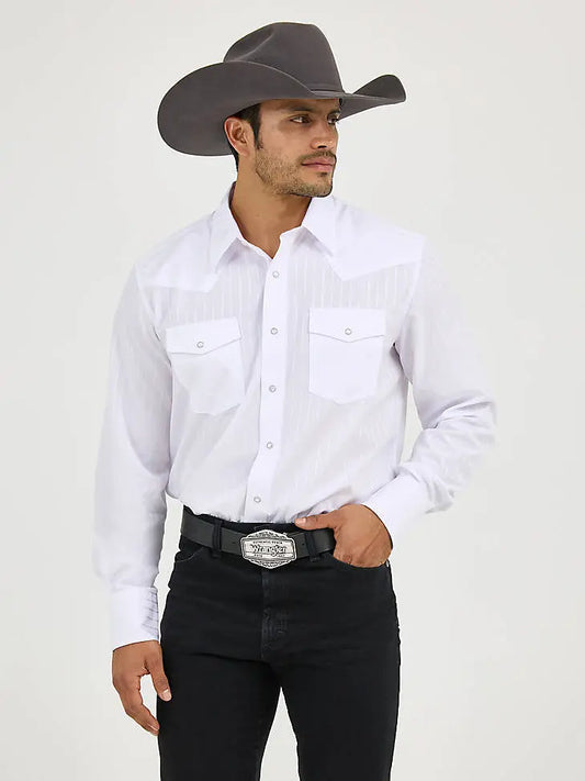 Wrangler Men’s Vintage Stripe Western Snap Shirt – Sky Blue & White Last Rodeo Western Wear & Hat Bar