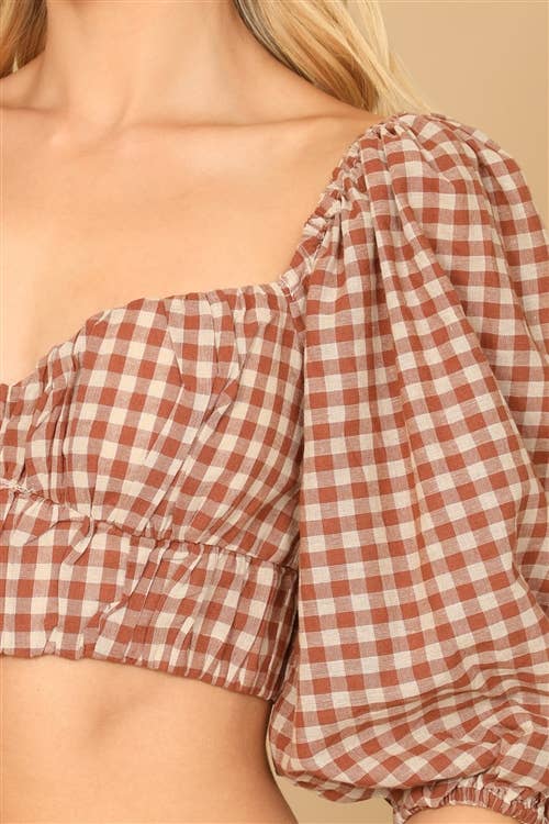 Puff Sleeve Plaid Crop Top – Red Taupe