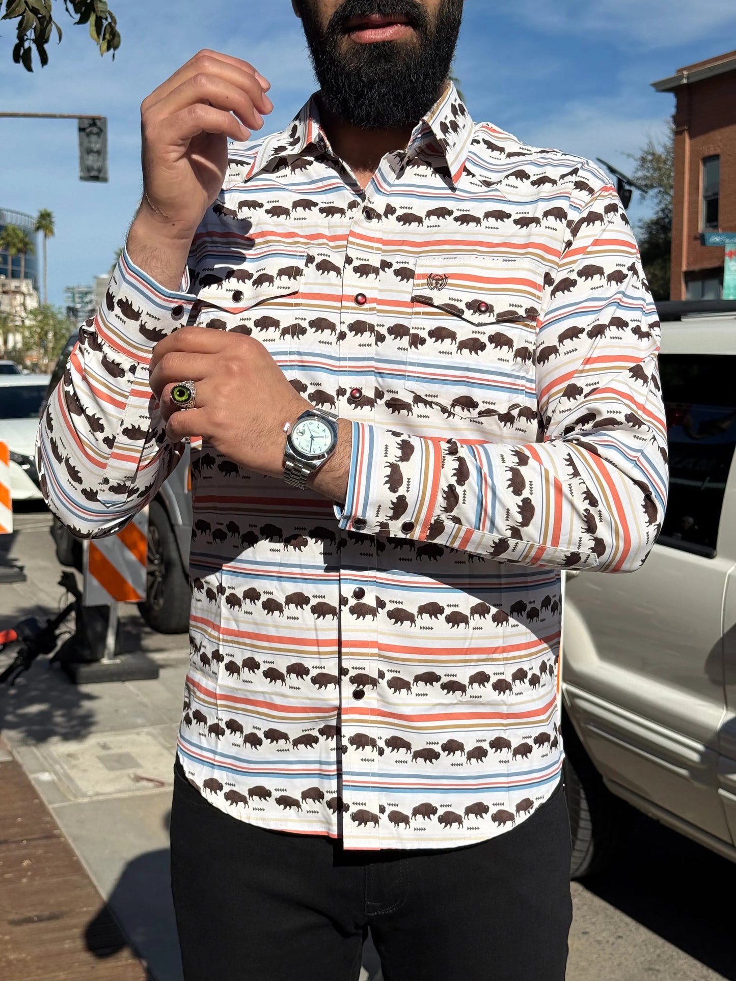 Men's Buffalo Stripe Western Pearl Snap Shirt Last Rodeo Western Wear & Hat Bar
