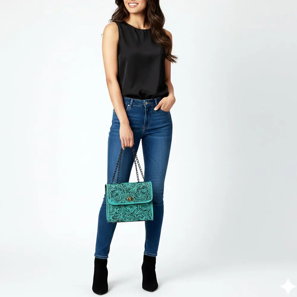 American Darling Turquoise Hand-Tooled Floral Leather Crossbody Bag Last Rodeo Western Wear & Hat Bar