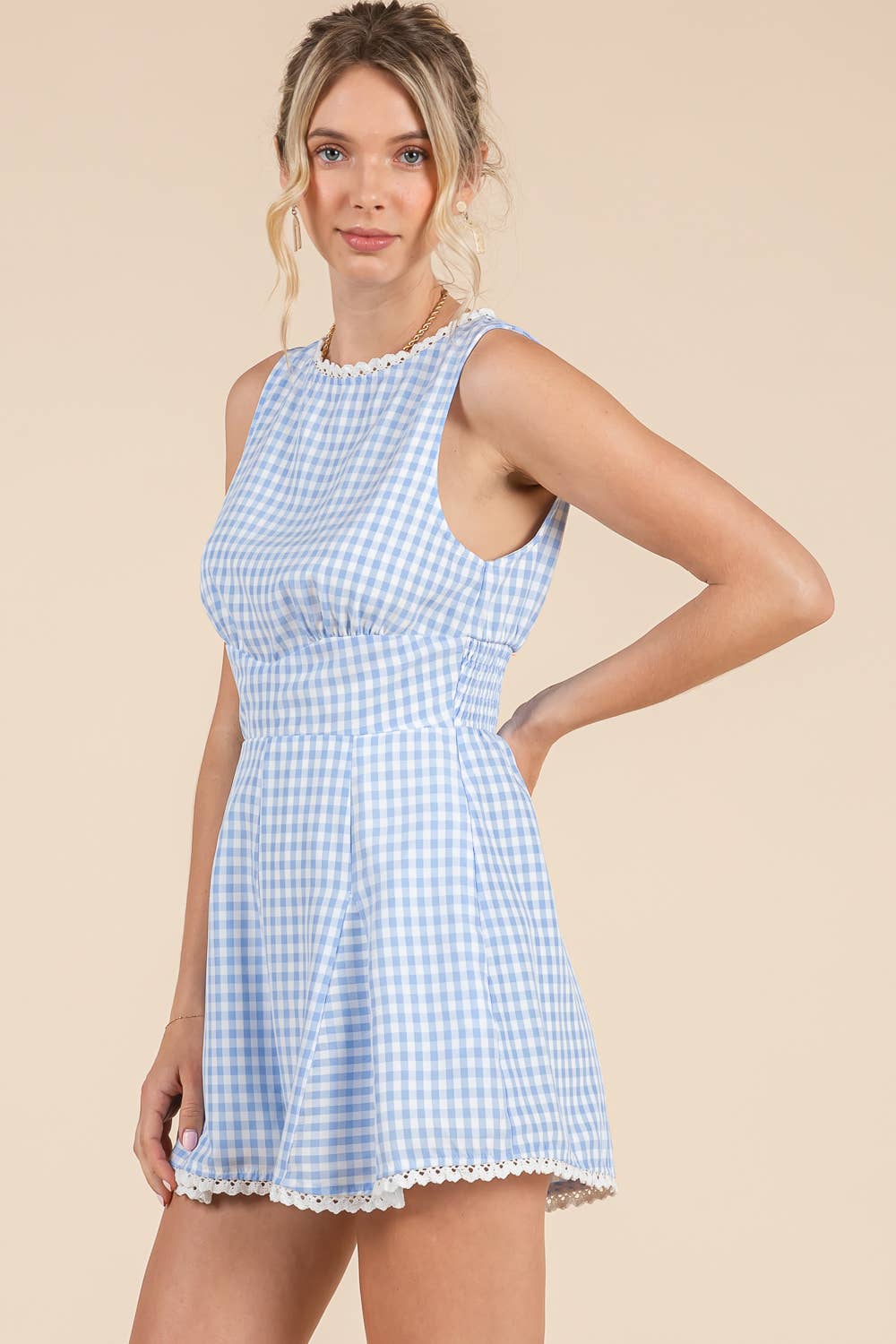 Blue Gingham Lace Romper