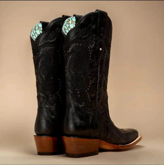 Women's Black Studded Square Toe Cowgirl Boots – Western Leather Boots Last Rodeo Western Wear & Hat Bar