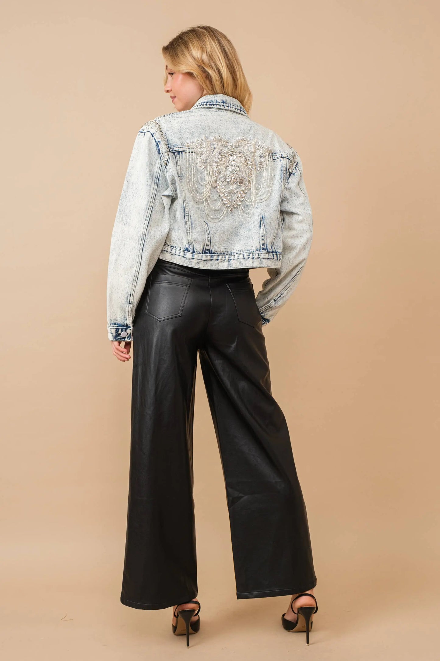 Angel Wings Embellished Denim Jacket Blue B