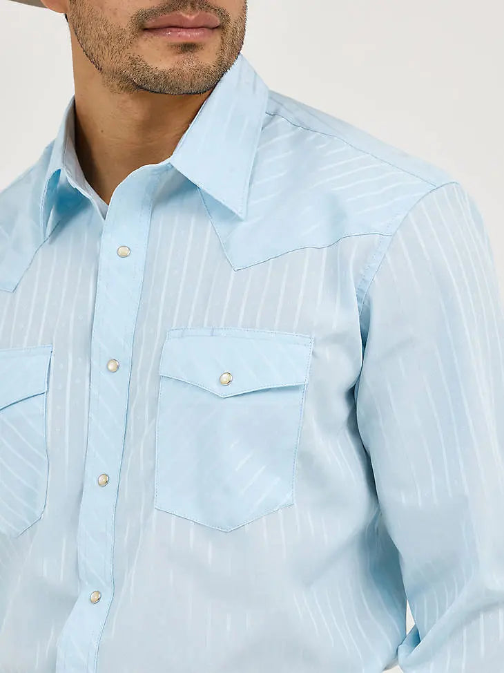 Wrangler Men’s Vintage Stripe Western Snap Shirt – Sky Blue & White Last Rodeo Western Wear & Hat Bar