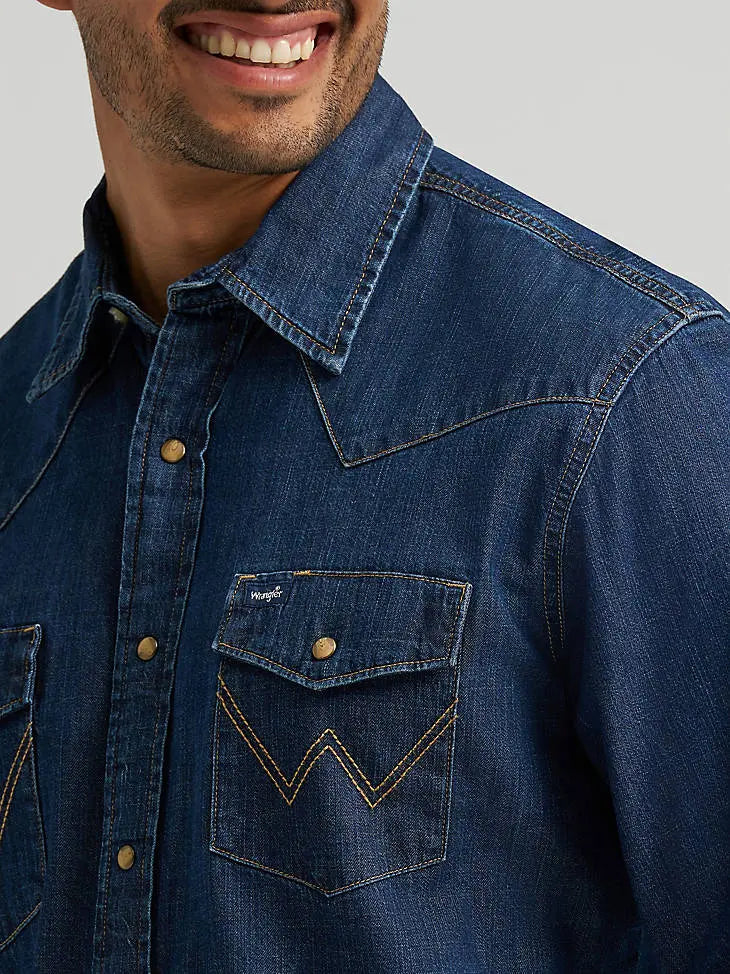 Wrangler Men’s Classic Denim Western Snap Shirt – Light & Dark Wash Last Rodeo Western Wear & Hat Bar