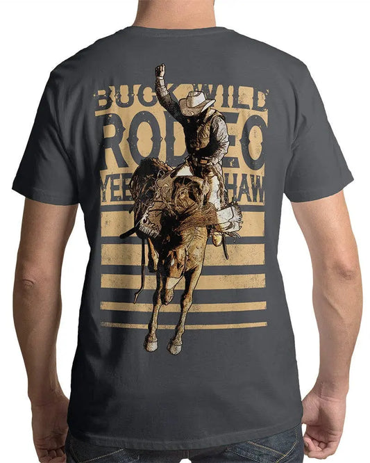 Buck Wild Rodeo Graphic T-Shirt – Western Bull Riding Tee (Gray) Country Girl Store