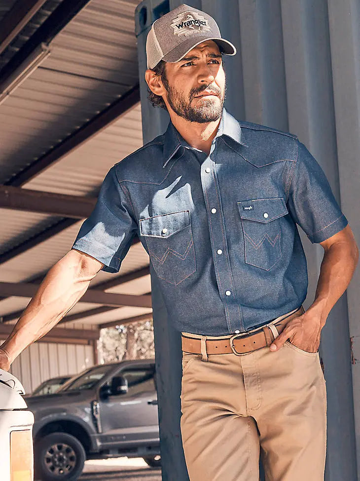 Wrangler Men’s Short Sleeve Denim Western Snap Shirt – Dark Indigo Last Rodeo Western Wear & Hat Bar