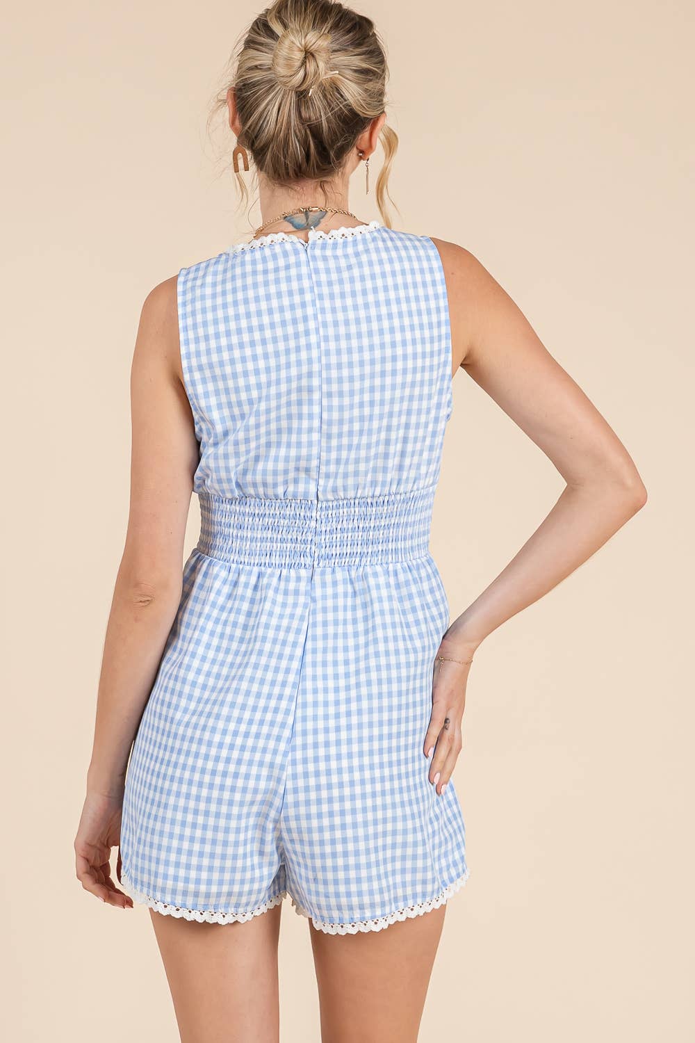 Blue Gingham Lace Romper