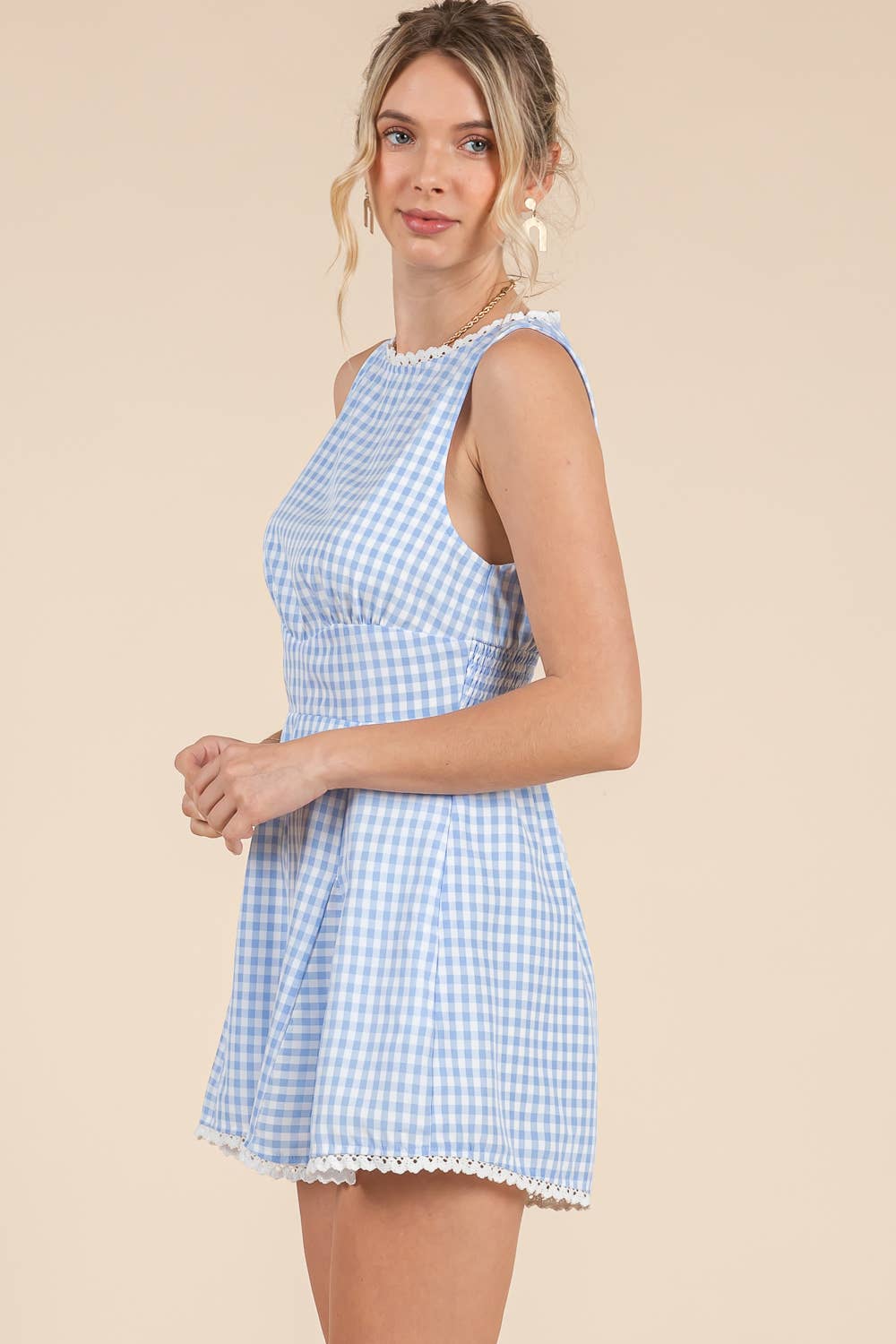 Blue Gingham Lace Romper