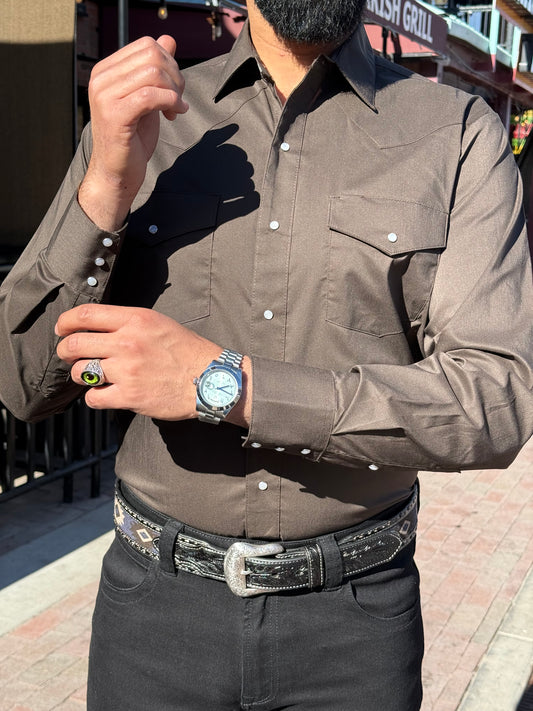Men’s Dark Brown Western Pearl Snap Shirt – Classic Cowboy Fit