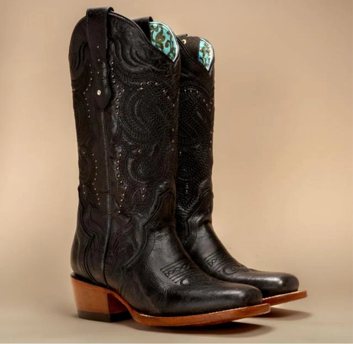 Black Studded Western Square Toe Boots