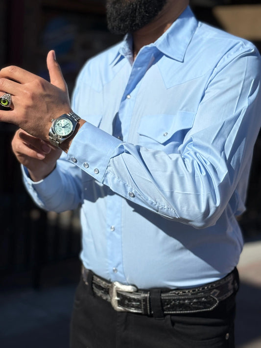 Men's Sky Blue Classic Western Pearl Snap Shirt Last Rodeo Western Wear & Hat Bar