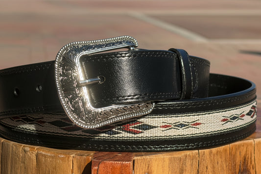 Black Genuine Leather Southwestern Cowboy Belt – Removable Buckle Western Belt