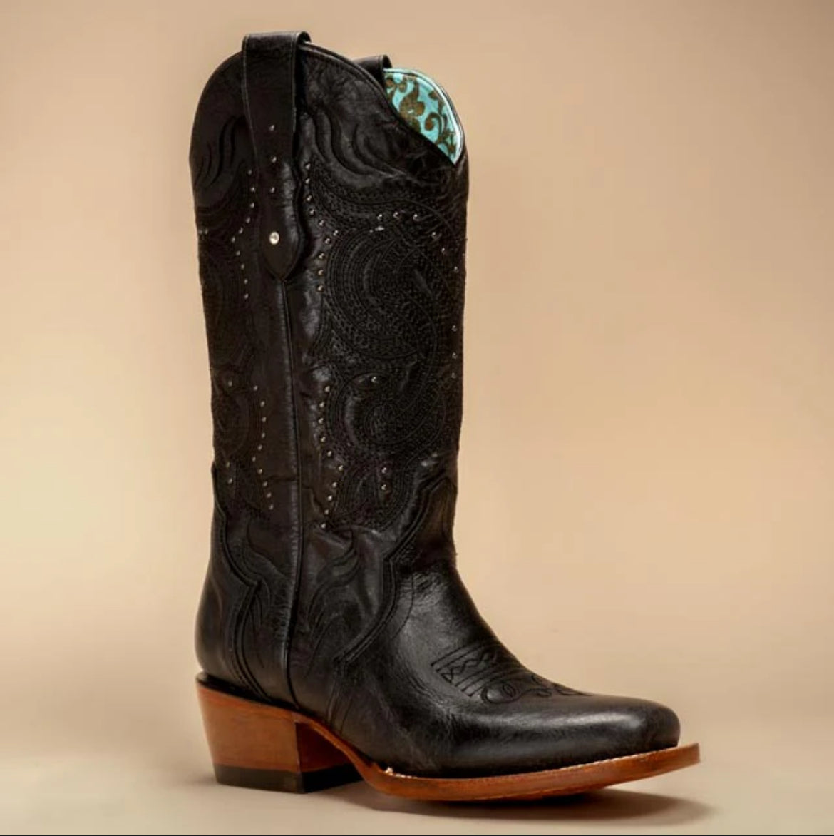 Black Studded Western Square Toe Boots