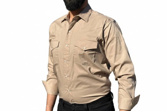 Men’s Desert Sand Western Pearl Snap Shirt – Classic Cowboy Fit (Beige) Last Rodeo Western Wear & Hat Bar