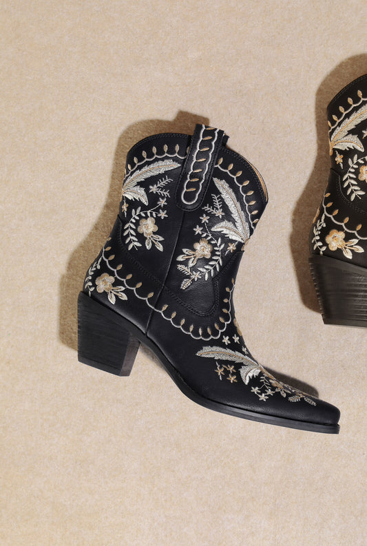 Black Embroidered Floral Western Ankle Boots