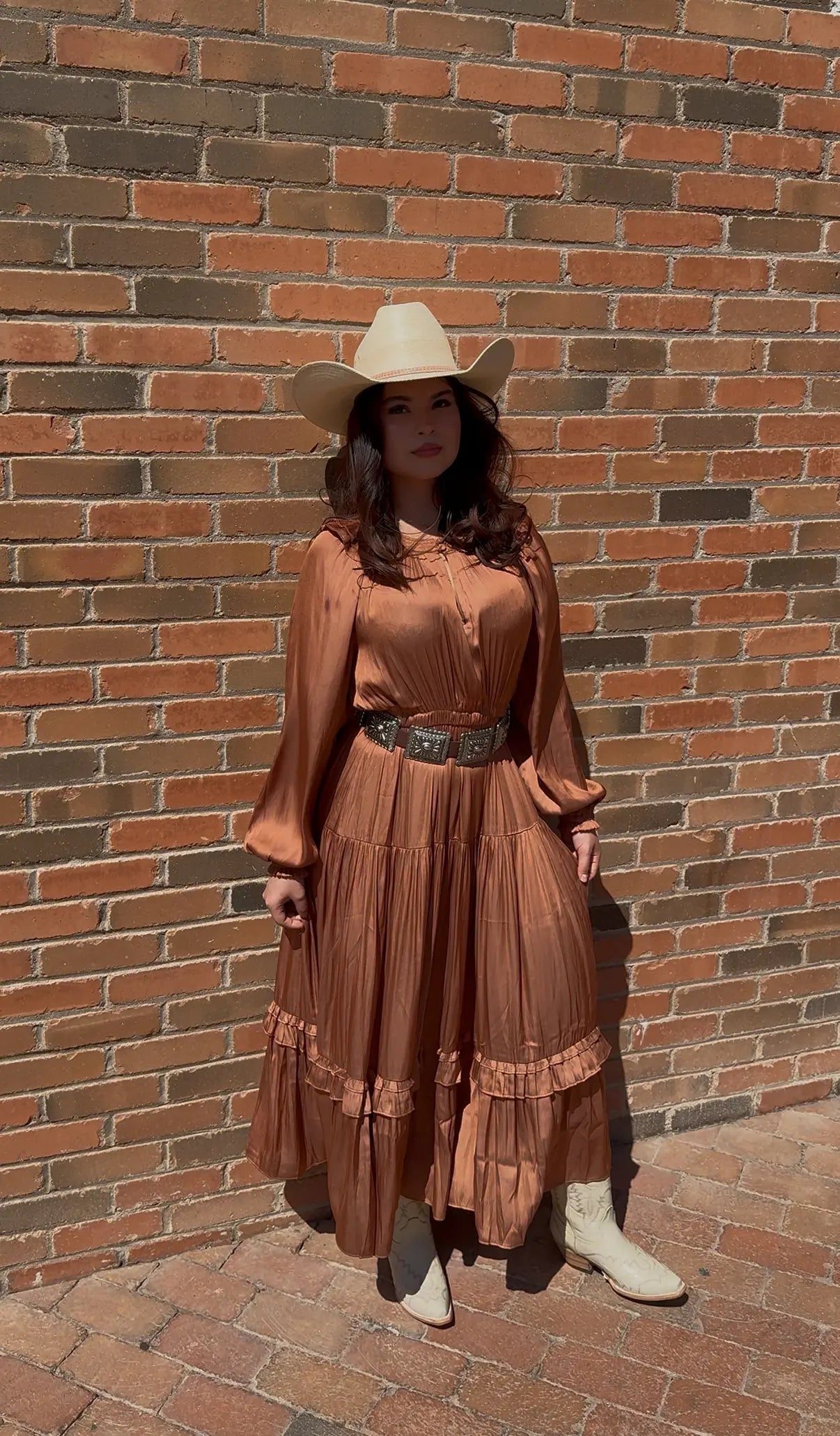 Rust Satin Ruffle Midi Dress – Elegant Western Style Last Rodeo Western Wear & Hat Bar