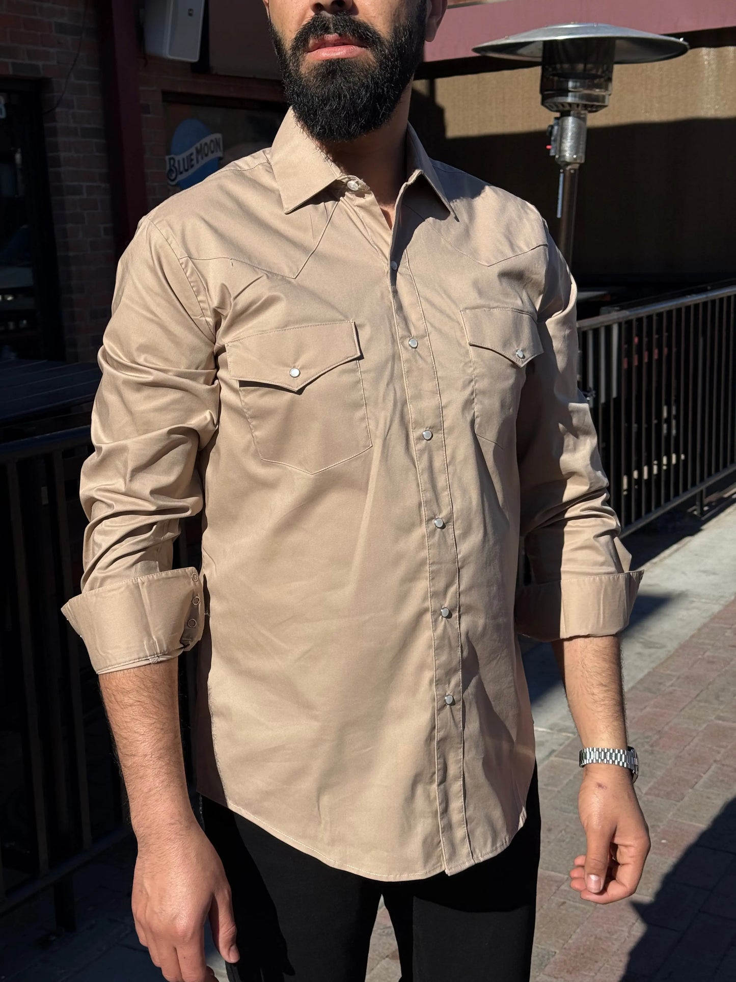 Men’s Desert Sand Western Pearl Snap Shirt – Classic Cowboy Fit (Beige) Last Rodeo Western Wear & Hat Bar