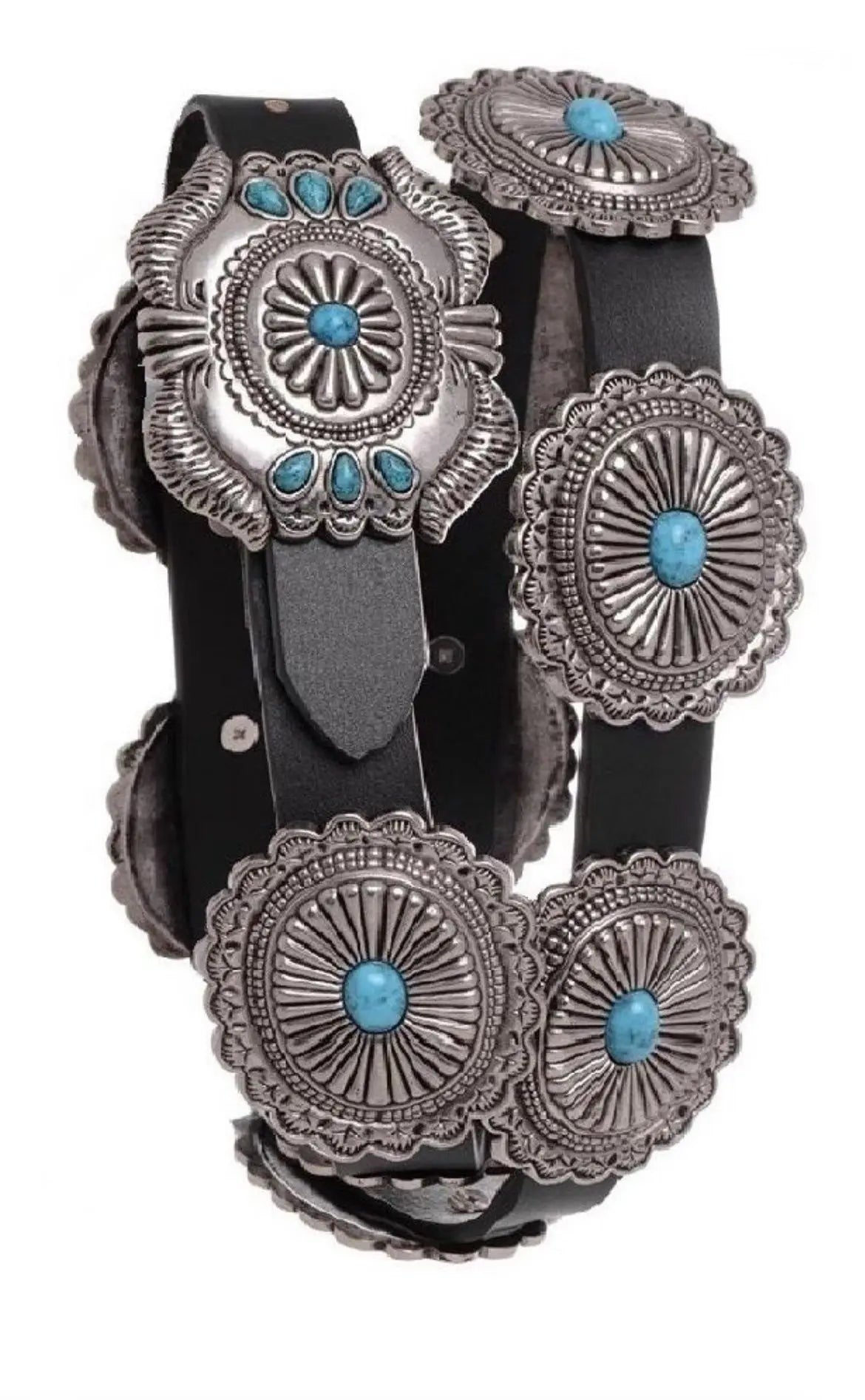 Black Turquoise Concho Leather Belt – Southwestern Cowboy Belt Last Rodeo Western Wear & Hat Bar