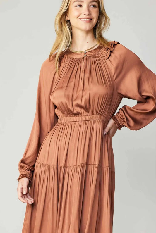 Rust Satin Ruffle Midi Dress – Elegant Western Style Last Rodeo Western Wear & Hat Bar
