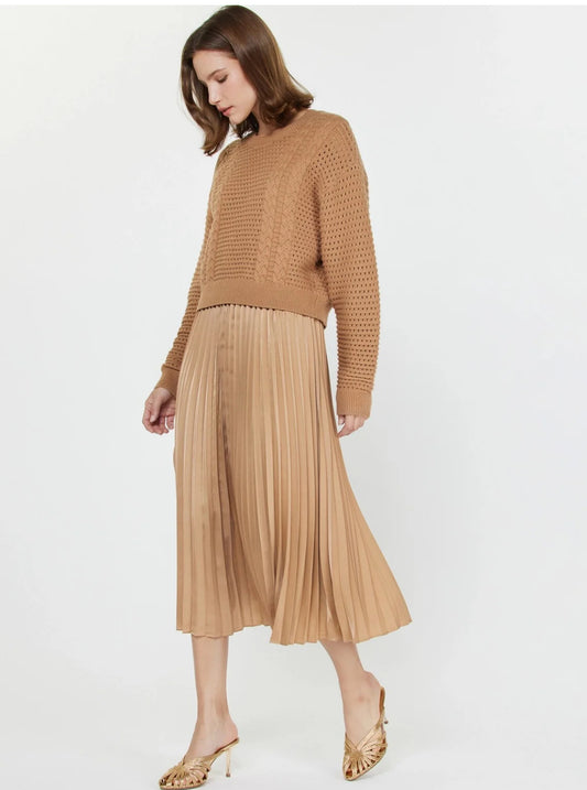 Camel Knit & Pleated Midi Dress