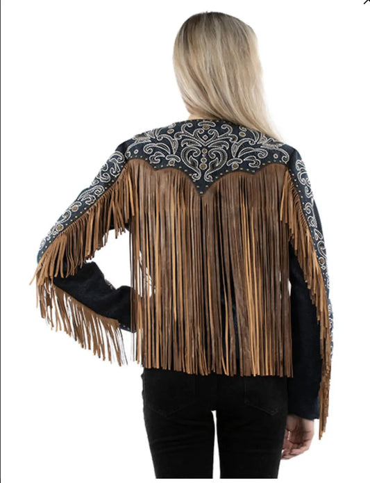 Scully Denim & Suede Fringe Jacket with Embroidery and Studs Last Rodeo Western Wear & Hat Bar
