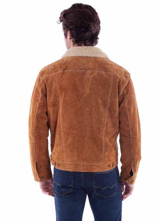 Men’s Cafe Brown Shearling Collar Suede Leather Western Jacket