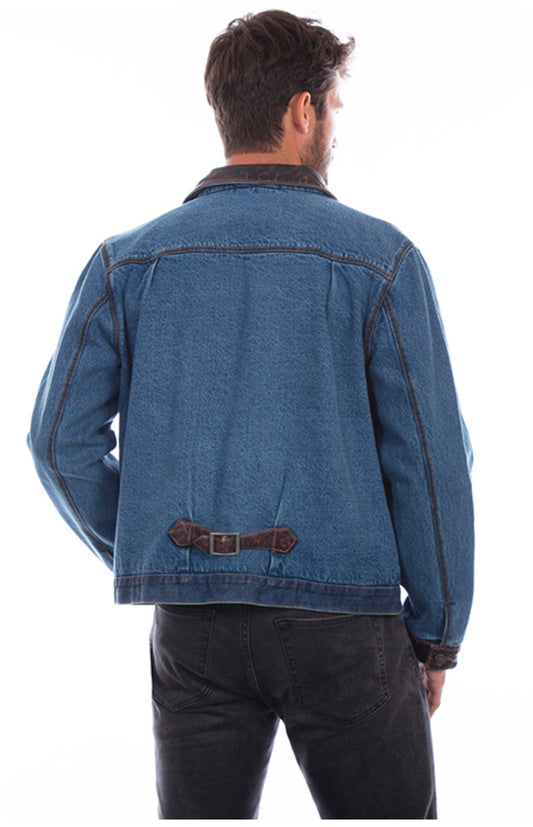 Scully Men’s Denim Jacket with Brown Leather Trim – Western Button Up