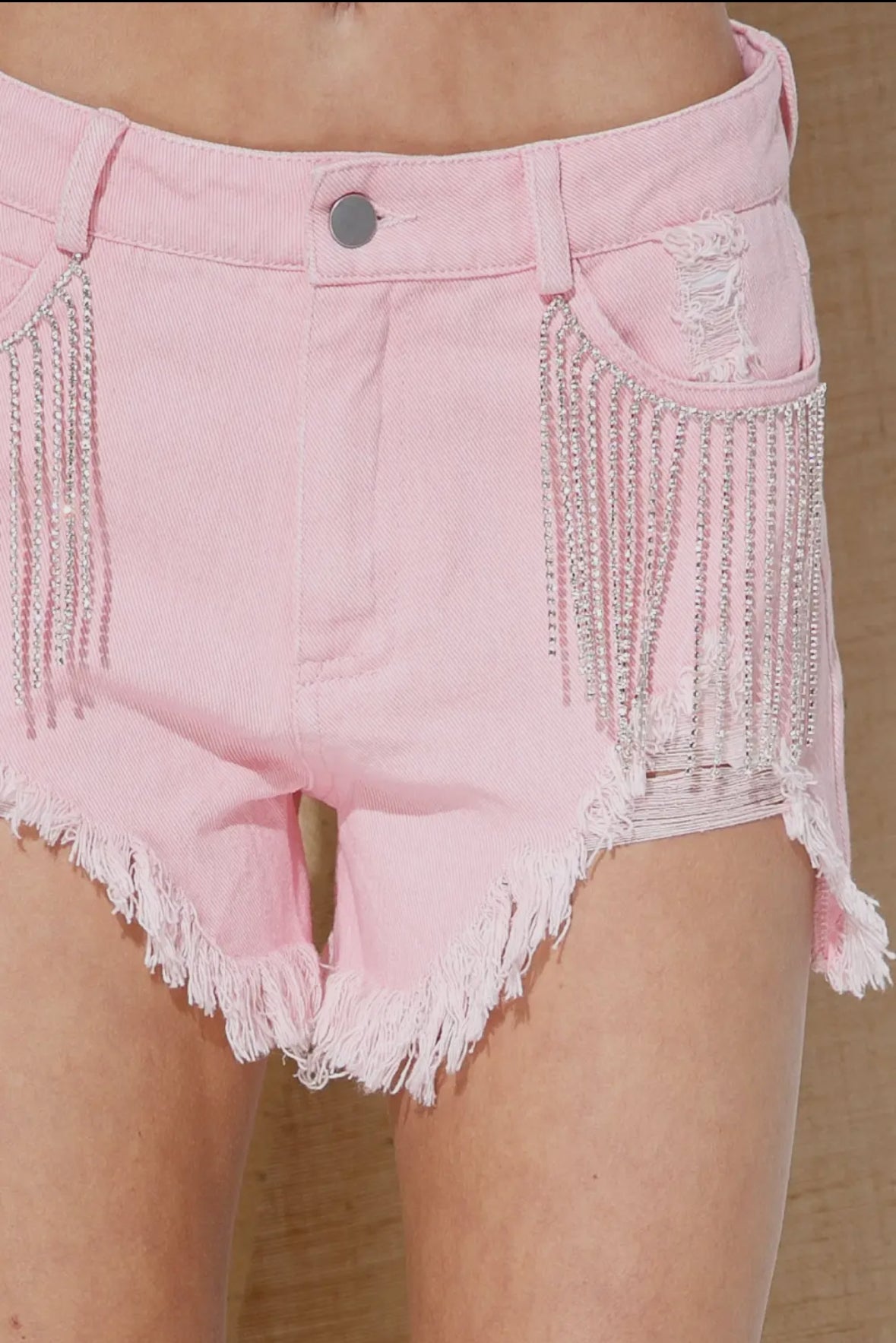 Rhinestone Rodeo Pink Fringe Denim Shorts
