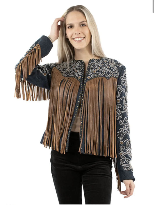 Scully Denim & Suede Fringe Jacket with Embroidery and Studs Last Rodeo Western Wear & Hat Bar