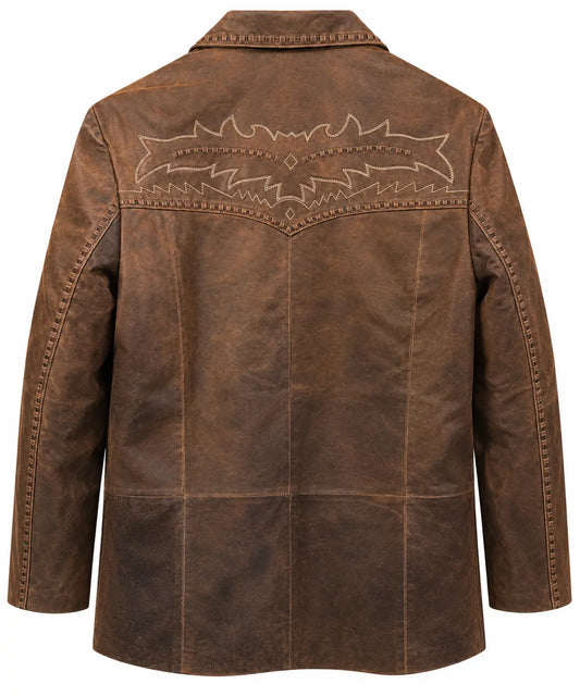 Back detail of men's distressed brown leather Western blazer with yoke stitching
