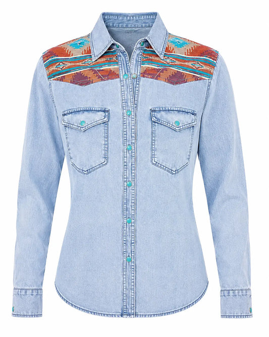 Womenโs Western Aztec Denim Snap Shirt Last Rodeo Western Wear & Hat Bar