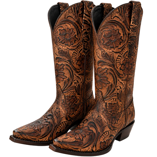 Women's Hand-Tooled Leather Snip Toe Cowboy Boots – Floral Western Boot in Antique Tan