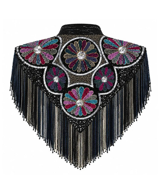 Womenโs Black Beaded Floral Fringe Western Cape Western Fashion