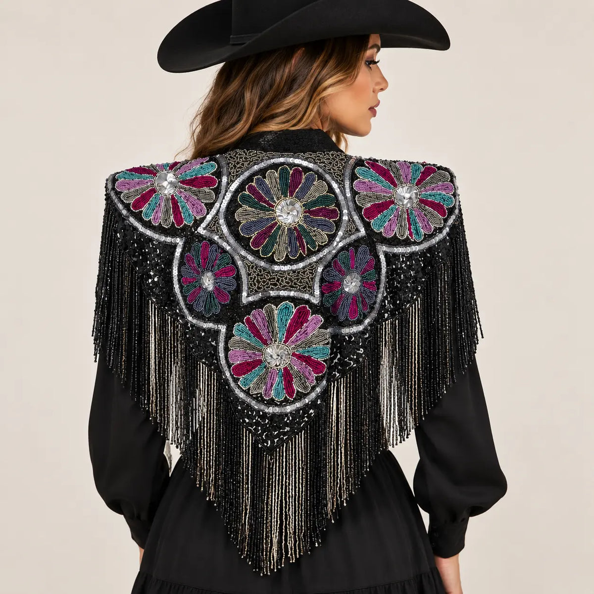 Women's black floral beaded fringe cape, cowgirl style – Last Rodeo