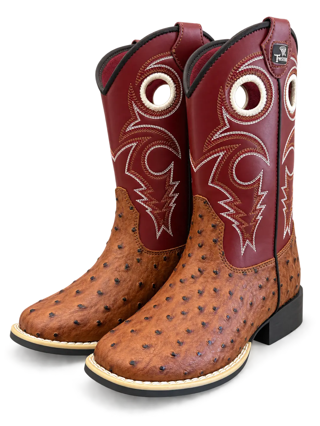 Kids Full Quill Ostrich Print Square Toe Western Boots — Burgundy Twister