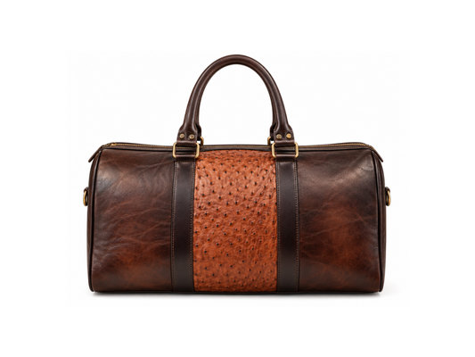 Brown ostrich quill leather Western duffle bag with leather handles, front view - Last Rodeo