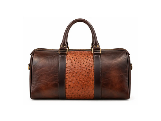 Brown ostrich quill leather Western duffle bag with leather handles, front view - Last Rodeo