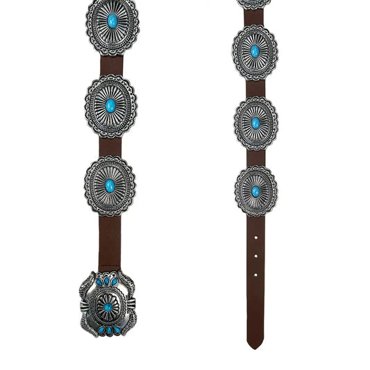 Western Genuine Leather Turquoise Concho Belt โ Vintage Silver Southwestern Cowboy Belt Last Rodeo Western Wear & Hat Bar