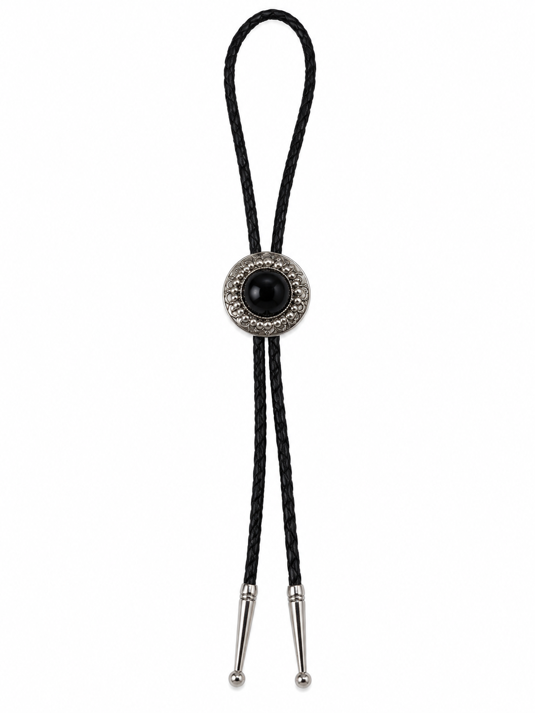 Native American Sterling Silver Black Onyx Concho Bolo Tie