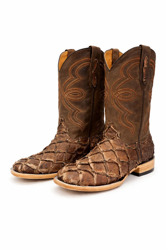 Men’s Pirarucu Fish Leather Exotic Cowboy Boots – Broad Square Toe | Outlaw River Last Rodeo Western Wear & Hat Bar