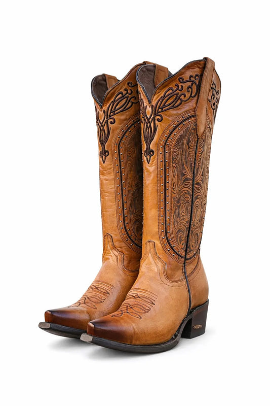 Women’s Cognac Snip Toe Western Cowboy Boots – 16” Tall Embroidered Leather