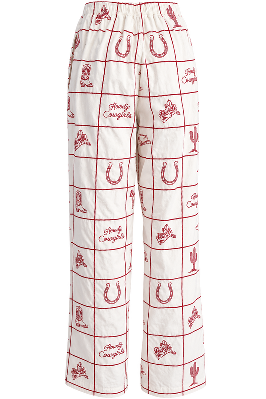 Women's embroidered western grid pants in ivory and burgundy with drawstring waist – Last Rodeo