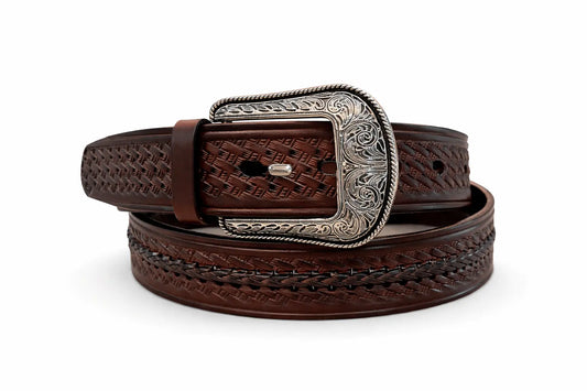 Men’s Basketweave Leather Belt with Engraved Western Buckle Last Rodeo Western Wear & Hat Bar