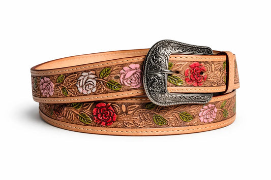 Unisex Western Leather Belt โ Hand-Tooled Sunflower Design Last Rodeo Western Wear & Hat Bar